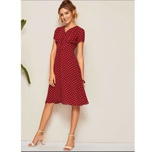Polka Dot Button Front Shirred Waist Dress